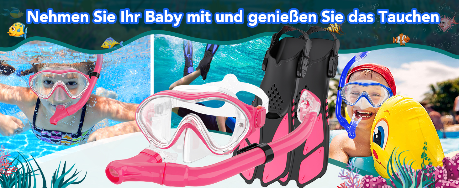 Набір для снорклінгу для дітей з ластами, маска з панорамою 180° проти запотівання, регульовані ласти, високоякісна маска для дайвінгу та сухий снорк (рожевий)