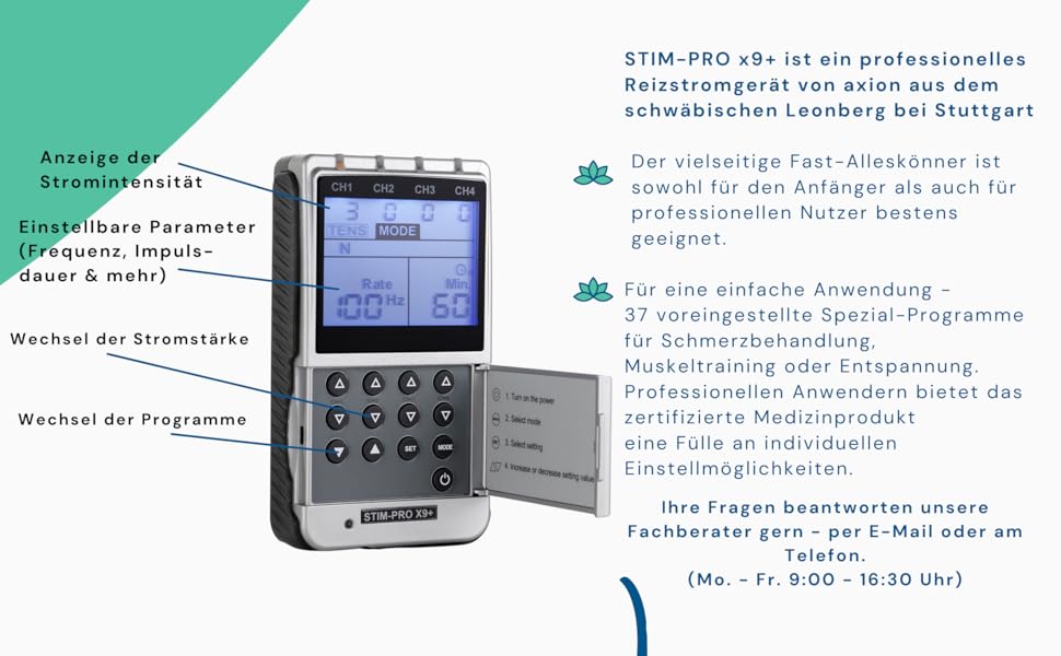 Пристрій TENS EMS STIM-PRO X9+ з 4 каналами та 8 електродних пелюшок 5x5 см для болісної терапії, масажу та нарощування м'язів. 4 канали, STIM-PRO X9+, axion® (2) X9, сертифікований медичний пристрій.