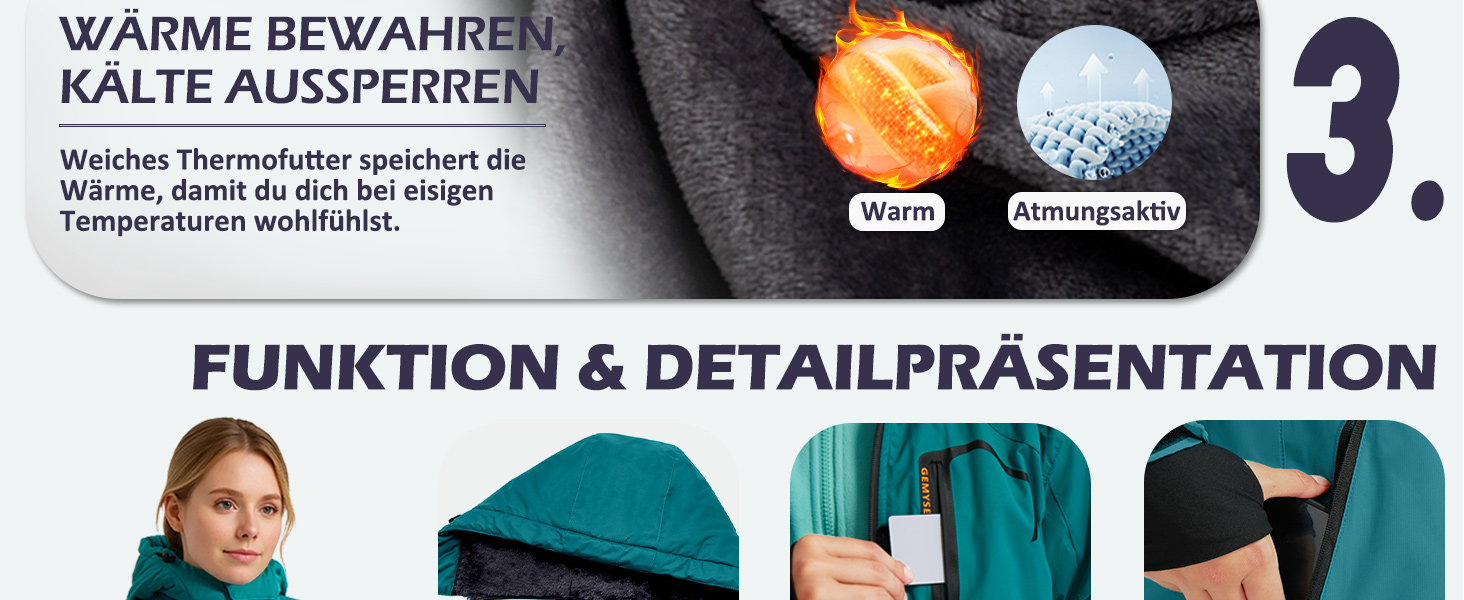 Жіноча водонепроникна гірськолижна куртка GEMYSE з флісовою підкладкою та капюшоном, для активного відпочинку, кольору смарагдова блакить (L)