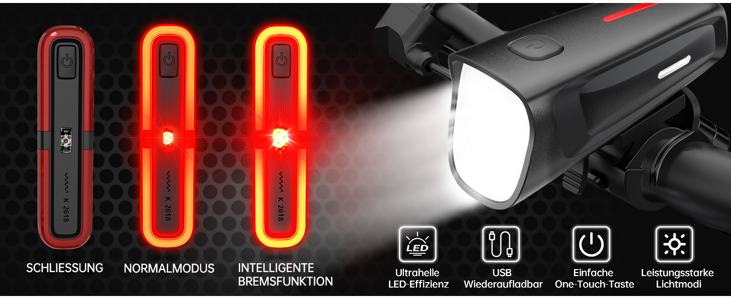 LED велосипедне освітлення: комплект 100 Lux, сертифікований StVZO, USB зарядка, водонепроникність IPX5, переднє та заднє світло з функцією гальмування