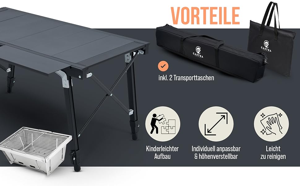 Преміум туристичний стіл Castra з інтегрованим грилем – алюміній 7075, регульована висота, для відпочинку на природі, вологостійкий, інноваційна складна система, багатофункціональний стіл та аксесуари для кемпінгу, саду, подорожей та риболовлі