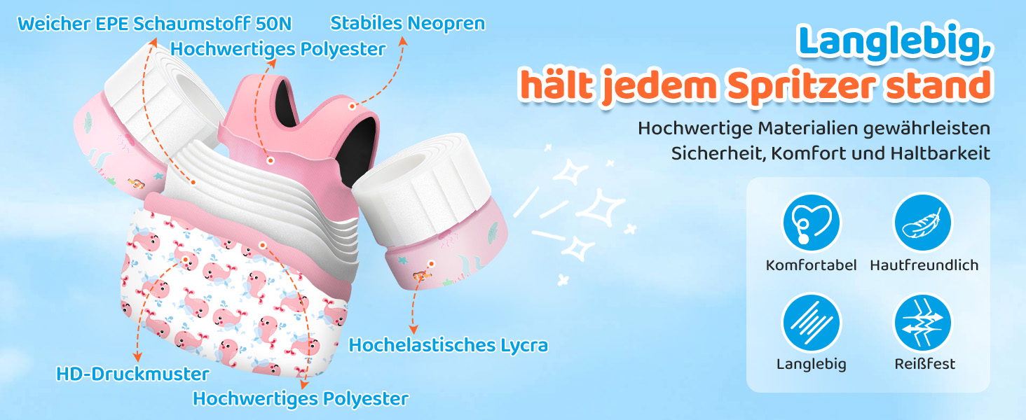 HeySplash Плавальні рукавики та жилет для дітей 15-30 кг, рожевий кит. Плавання для малюків, навчання плаванню, безпечний жилет з рукавиками, з свистком, регульовані ремінці, подвійна застібка.