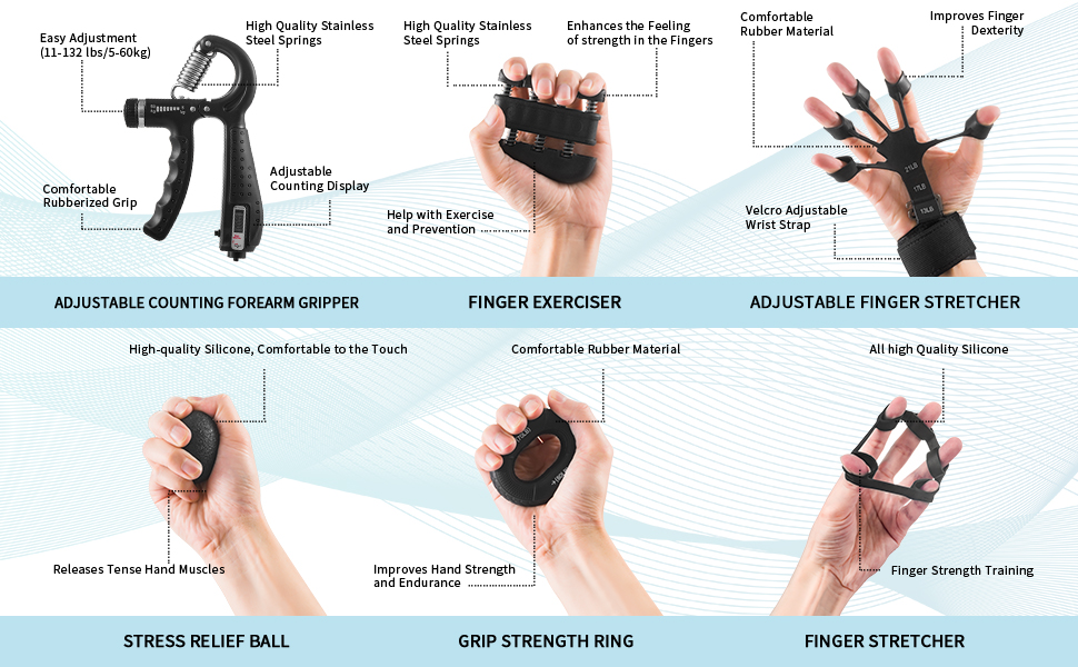 Набір для тренування сили хвата (7 шт.): регульовані тренажери зап'ястя, сумка для зберігання, розтягувач пальців, тренажер зап'ястя, кільце для тренувань та куля для зняття стресу