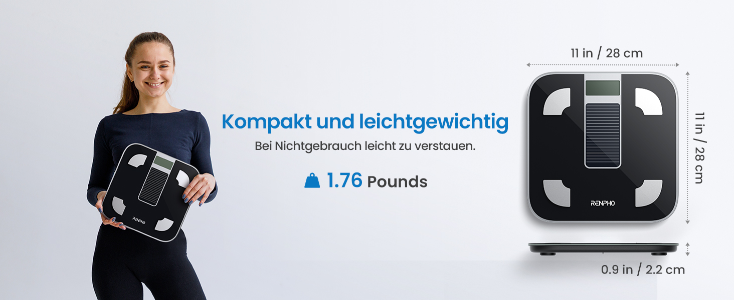 Електрична вага RENPHO з вимірюванням жиру, сонячна, точність 50г, до 180кг, з додатком, чорна