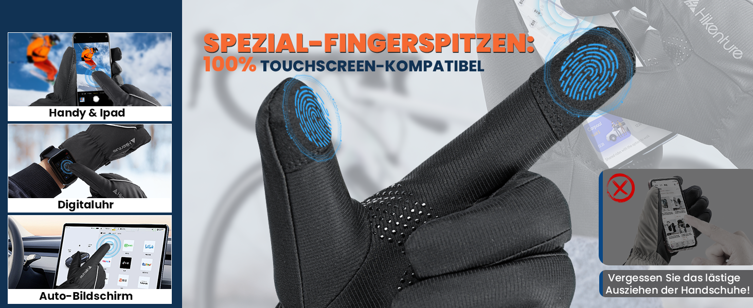 Зимові рукавички HIKENTURE Водонепроникні, велосипедні рукавички для чоловіків та жінок з Polarflausch, теплі та вітронепроникні рукавички з підтримкою сенсорного екрану, антиковзкі рукавички для катання на лижах, бігу та активного відпочинку на відкритому повітрі