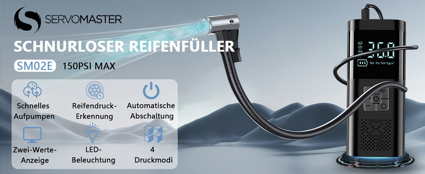 SERVOMASTER Електрична повітряна помпа з манометром, портативний міні-компресор, акумулятор 150PSI, LED-підсвічування, для авто, мотоцикла, велосипеда, м'ячів (чорний, сірий, бездротовий)