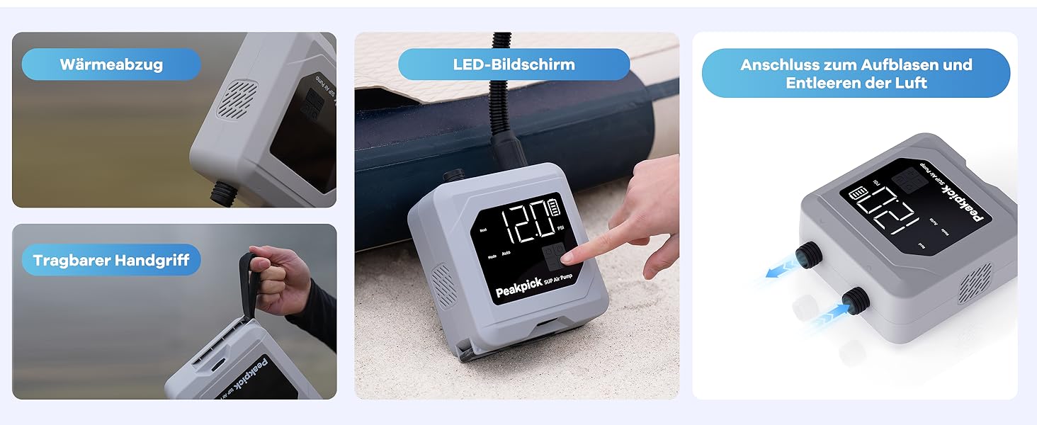 Електрична SUP-насос Peakpick 20PSI з акумулятором, для SUP, серфінгу, наметів, матраців. Швидке надування та здування, автовимкнення, сірий
