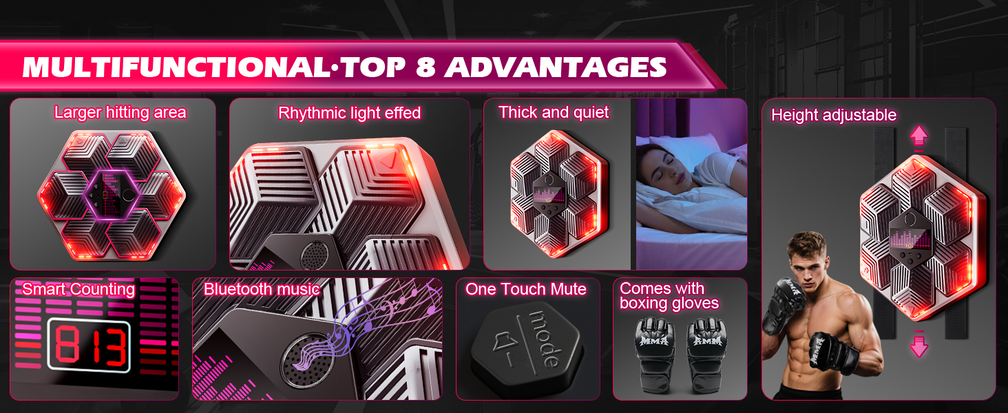 Музична боксерська машина для дорослих - 16 швидкостей, 14 режимів, Bluetooth, LED-підсвічування, з підрахунком ударів