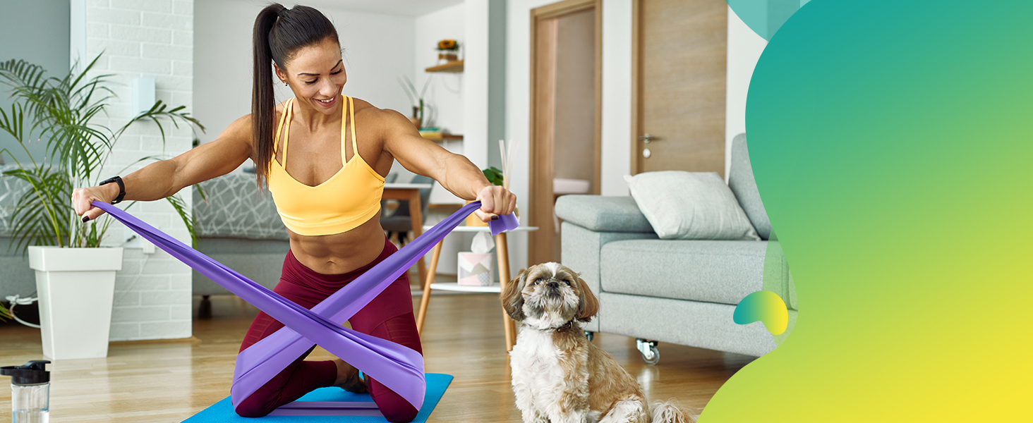 Набір фітнес-резинки 4 шт. (1.8M/2M), 4 рівні опору, постер з вправами, сумка для перенесення, інструкція, для йоги, пілатесу, нарощування м'язів. Кольори: жовтий, червоний, зелений, синій (градієнт фіолетовий)