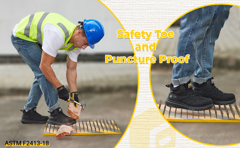 Черевики безпеки FitVille для чоловіків, X-широкі, з металевим носком, легкі, дихаючі, антипрокольні, протиковзкі, чорні, 47 EU