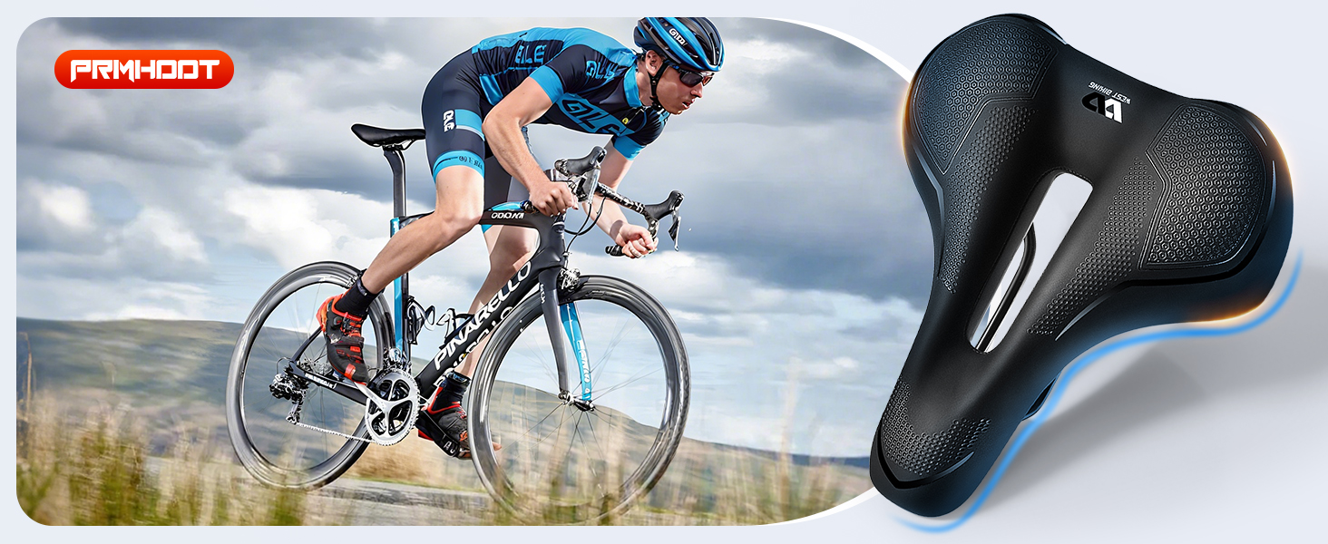 PRMHOOT Велосипедне сідло для чоловіків та жінок з Memory Foam, зручне, м'яке, ергономічне, дихаюче, амортизуюче. Підходить для електровелосипедів, MTB, шосе, міських велосипедів (Чорний)