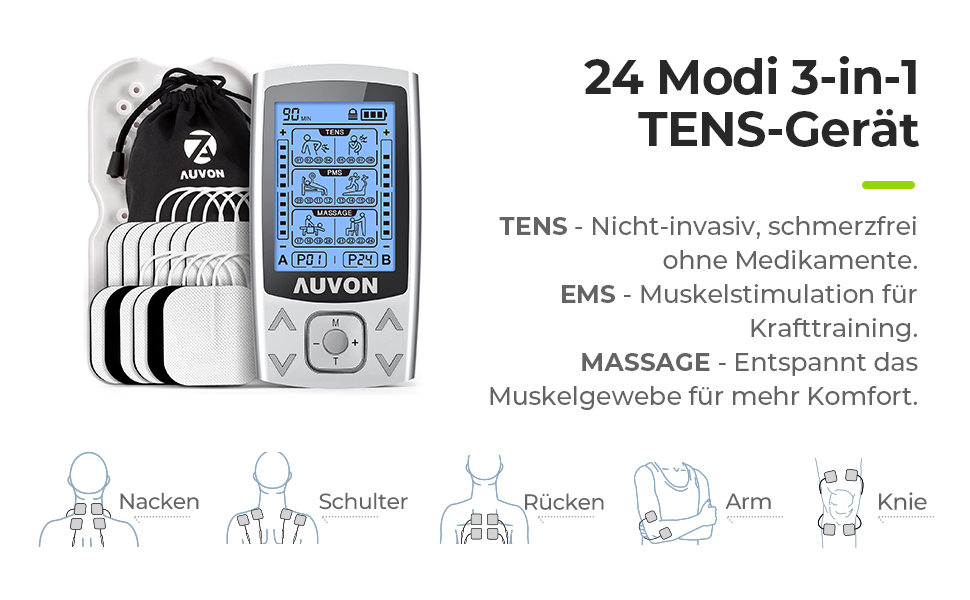 Пристрій TENS EMS AUVON: 2 канали, 24 режими, 12 електродів для зняття болю та масажу спини та шиї