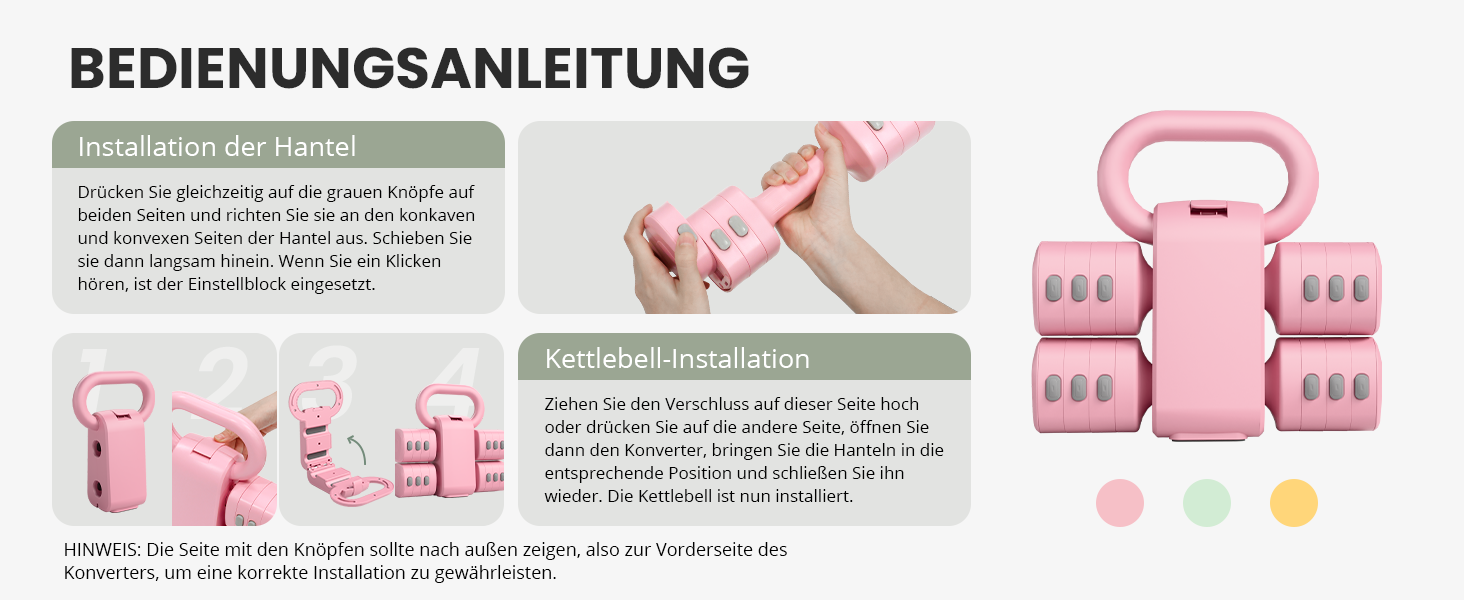 Регульований набір гантелей 2-в-1 для жінок – 4 рівні (1-5,5 кг) – обладнання для фітнесу вдома – зелені гантелі (рожевий)