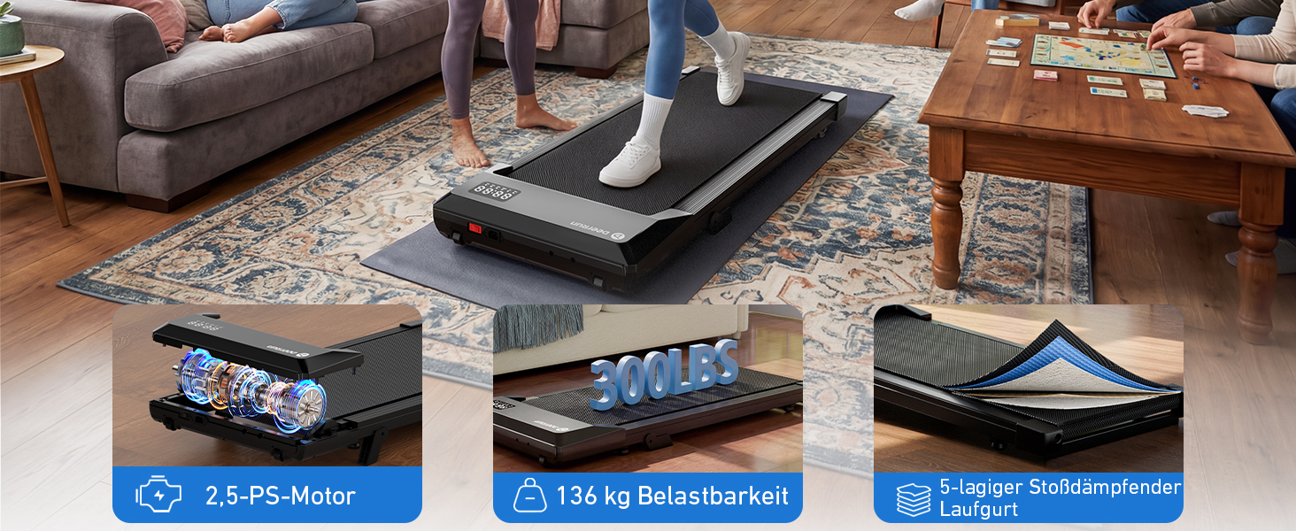Бігова доріжка DeerRun Walking Pad під стіл з ухилом 6%, для дому та офісу, компактна, з додатком, пультом та LED-дисплеєм, до 136 кг, чорна