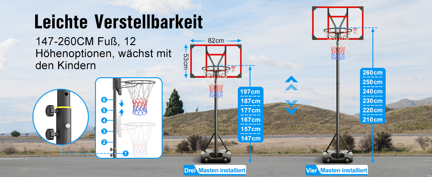 Баскетбольний кошик Outdoor з підставкою, регульована висота 147-260 см, ударостійка задня стінка 82x53 см, збільшений діаметр та колеса, для гри в приміщенні та на вулиці, червоний