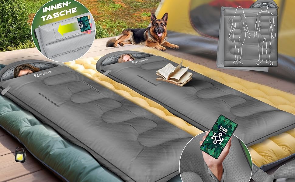 Сплячий мішок KESSER® Outdoor | Декальний спальний мішок 3-4 сезони | Для дорослих та дітей | Легкий, теплий, водостійкий | З лампою та кишенею (Сірий, 220 x 83 см)