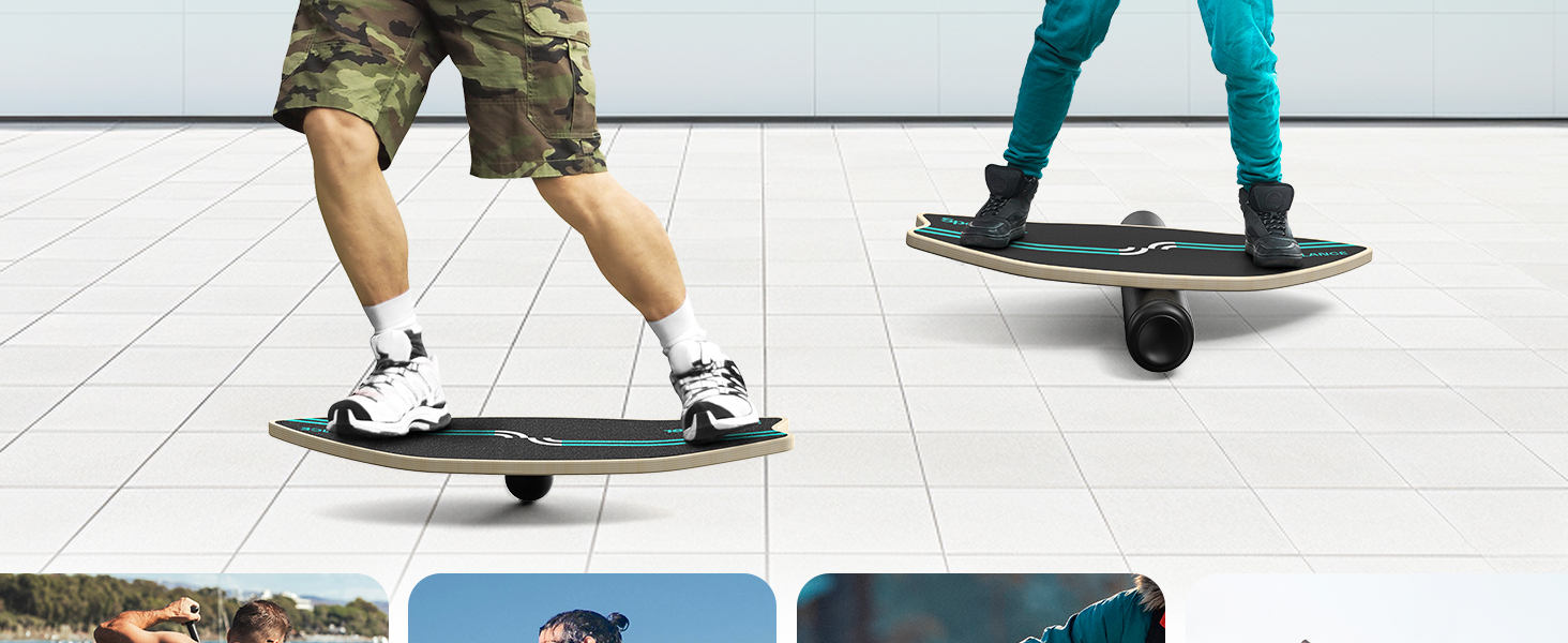 Балансборд Sportneer Surfin 8-в-1 для дорослих – тренажер рівноваги з роликом, м'ячем та півсферою. Підходить для core-тренінгу, серфінгу, катання на лижах та реабілітації. Безпечний, антиковзкий, чорний, 200 кг