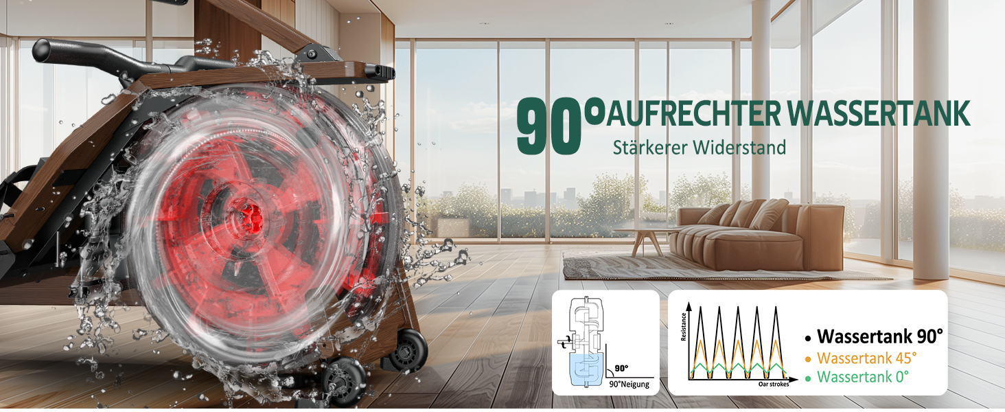 Домашній гребний тренажер з дерева з водяним опором 90°, Bluetooth-дисплей, максимальний зріст користувача 200 см, 2 роки гарантії