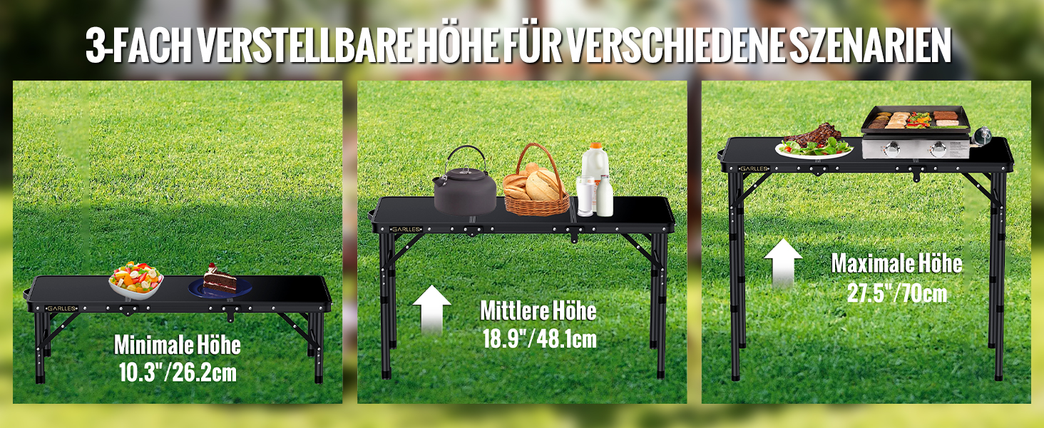 Складаний туристичний стіл GARLLEN 87x40 см, 3 положення висоти (26/48/70 см), чорний. Підходить для кемпінгу, пікніка, саду, грилю.