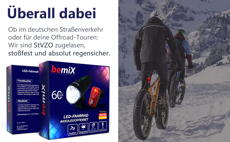 Велофара BemiX LED Set StVZO: яскраве, водонепроникне світло з акумулятором (60 Lux)