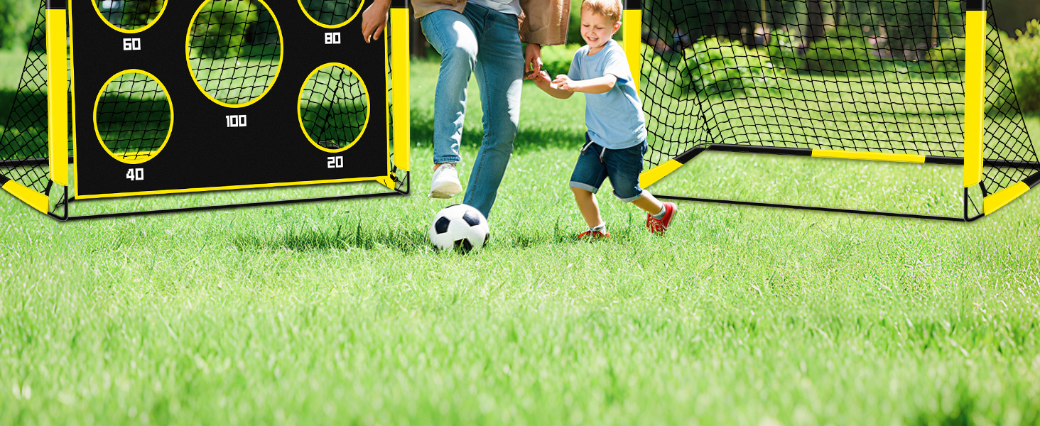 Дитячі воріта для футболу 2-в-1, 150х120 см, портативні та стабільні, з 5 цілями, 4 анкери та сумка, для саду, парку, пляжу (жовті)