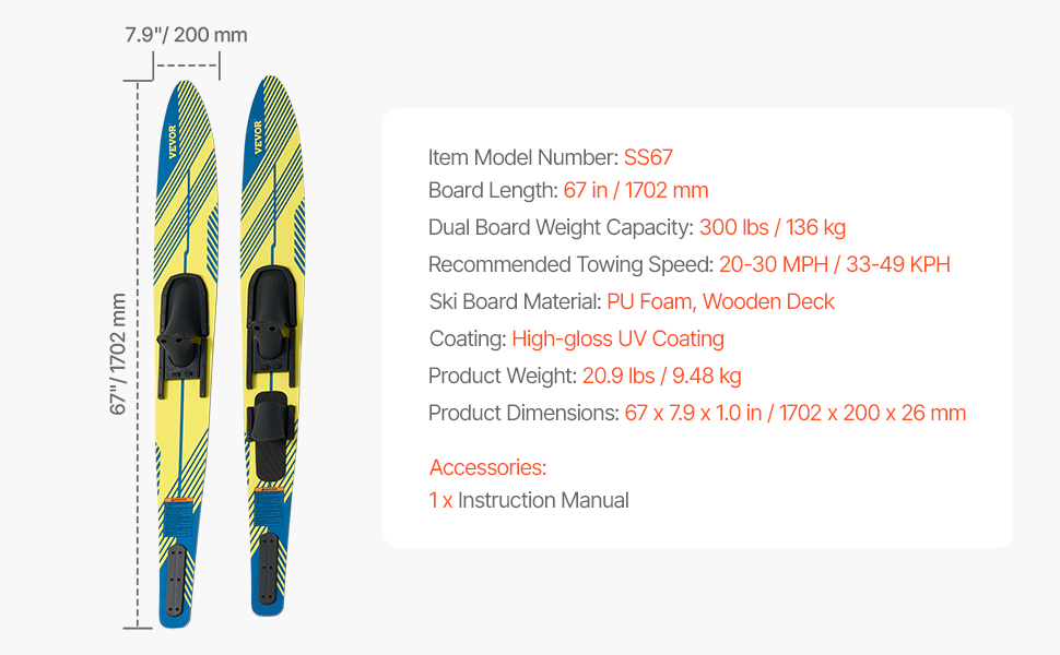 Набір для водних лиж VEVOR Unisex для дорослих (1702 x 200 x 26 мм, жовтий+синій)