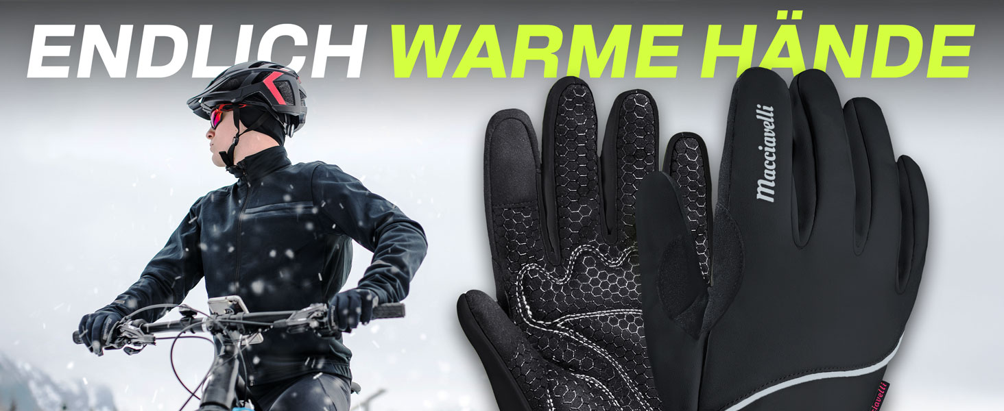 Велосипедні рукавички MACCIAVELLI® для чоловіків та жінок - зимові теплі термо рукавички з підтримкою сенсорного екрану для шосе, MTB та гірського велосипеда. Вітро- та водонепроникні, чорного кольору, розмір L