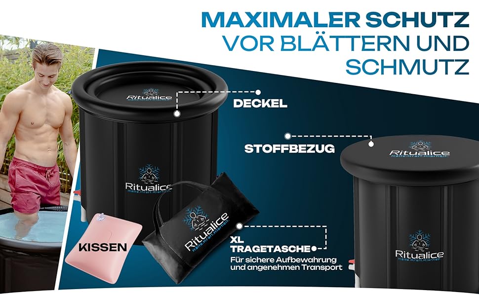 Ritualice® Преміум ванна для льоду (80 см Ø) XL Комплект - Переможець тесту - Набір для ванни з льодом з кришкою, тканиною та XL сумкою - Ідеально для криотерапії та відновлення - Льодова бочка з 5-шаровою ізоляцією, білий колір з XL сумкою