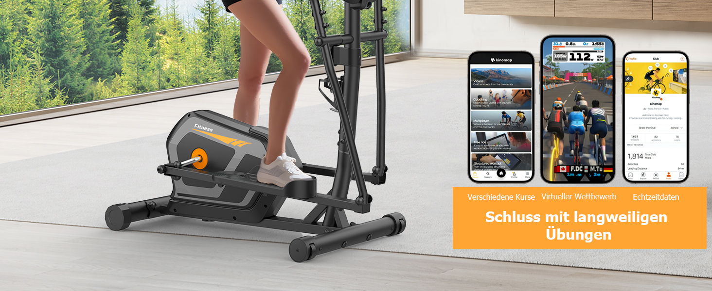 Еліптичний тренажер Neezee з Bluetooth, 16 рівнів опору, 6 кг маховиком, LCD-монітором та датчиком пульсу (Оранжевий + Чорний)