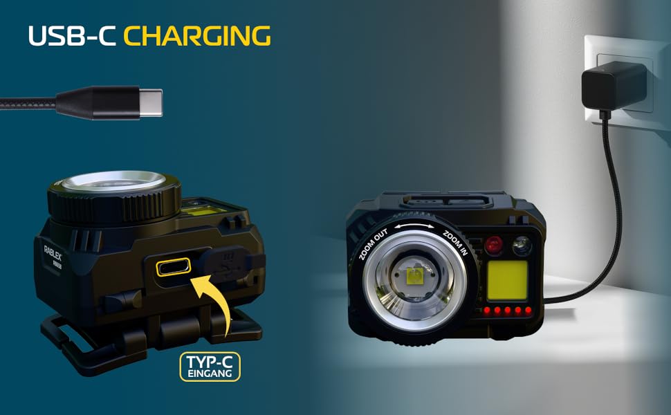 RABLEX RB658 LED-ліхтар на голову, 550 люмен, перезарядна козялка з 7 режимами, червоне світло, датчик, USB, IPX6, водонепроникний, компактний, для кемпінгу та походів