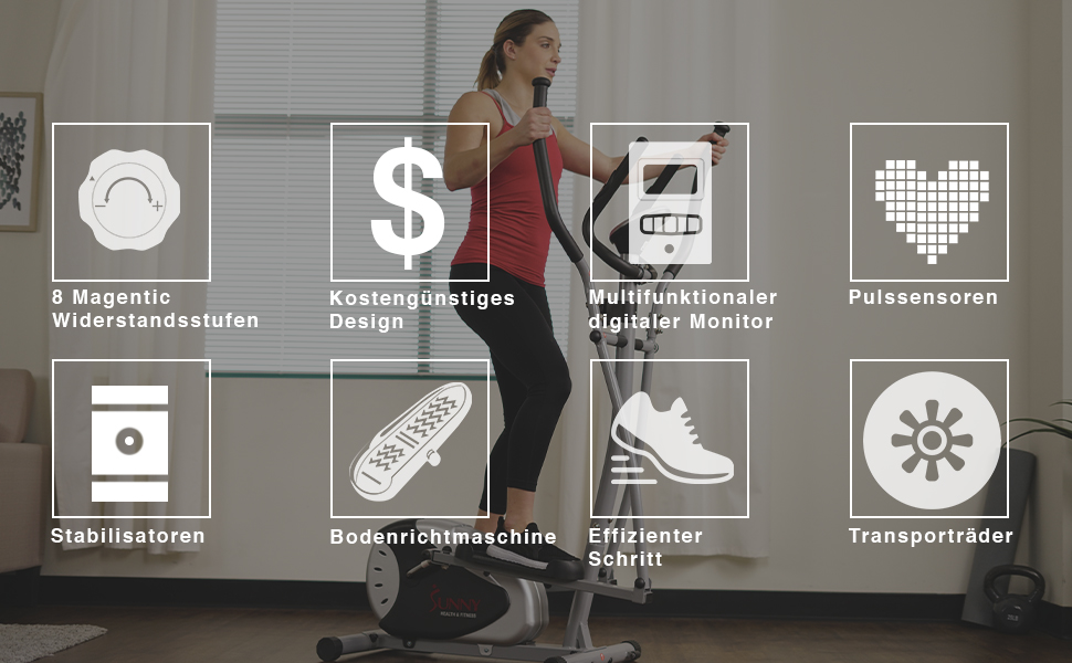 Еліптичний тренажер Sunny Health & Fitness SF-E905 для дому, магнітний, 8 рівнів навантаження, LCD-дисплей, до 100 кг