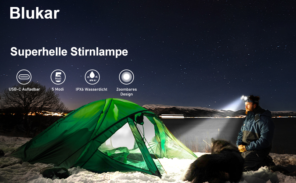 Ліхтар на голову Blukar LED 8000 Люмен, перезаряджається, Zoom, 5 режимів, червоне світло, IPX6, 90° регулювання, для кемпінгу, риболовлі, ремонту, чорний