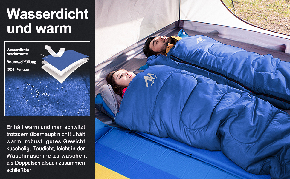 Спальний мішок Outdoor Deckenschlafsack Koppelbar, 5-15°C, 220x80 см для дорослих. Підходить для кемпінгу, трекінгу, риболовлі, подорожей. Водонепроникний, 3-сезонний, з можливістю з'єднання. Ліва блискавка.