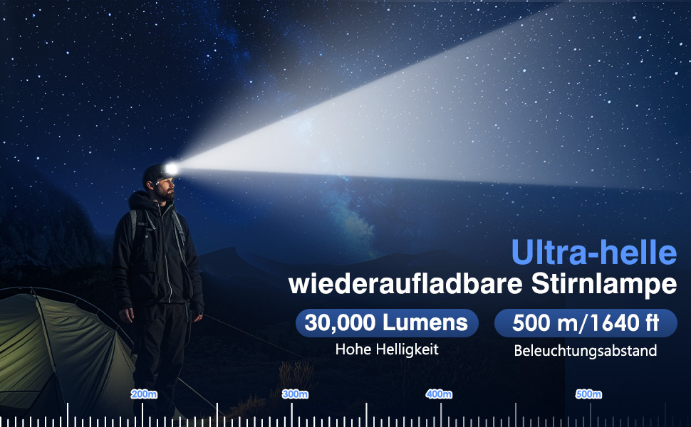 Ліхтар налобний MoKo LED 100000 люмен, перезаряджається, 10200 mAh, 8 режимів, IP68, для кемпінгу, риболовлі, туризму (чорний/оранжевий)