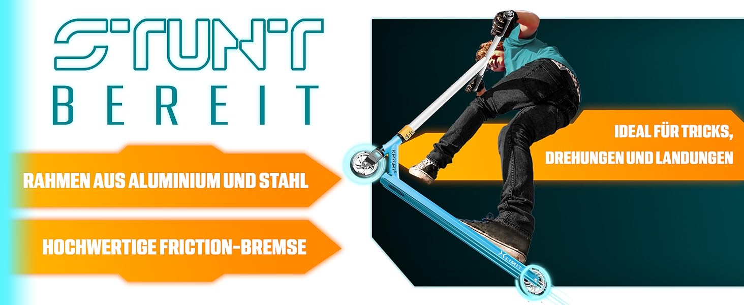 KESSER® Станкер Скутер X-Limit-Pro 360° - професійний для дітей та дорослих, ABEC 9, 110мм PU колеса, чорний/золотий