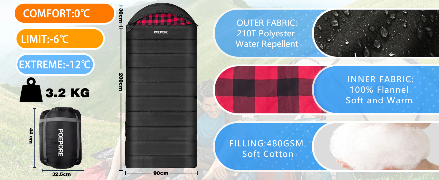 Спальний мішок XXL для дорослих, 3-4 сезони, фланель, кемпінг, зимовий, з сумкою, вологостійкий, теплий, 230x90 см (Чорний/Червоний, L-Zip)