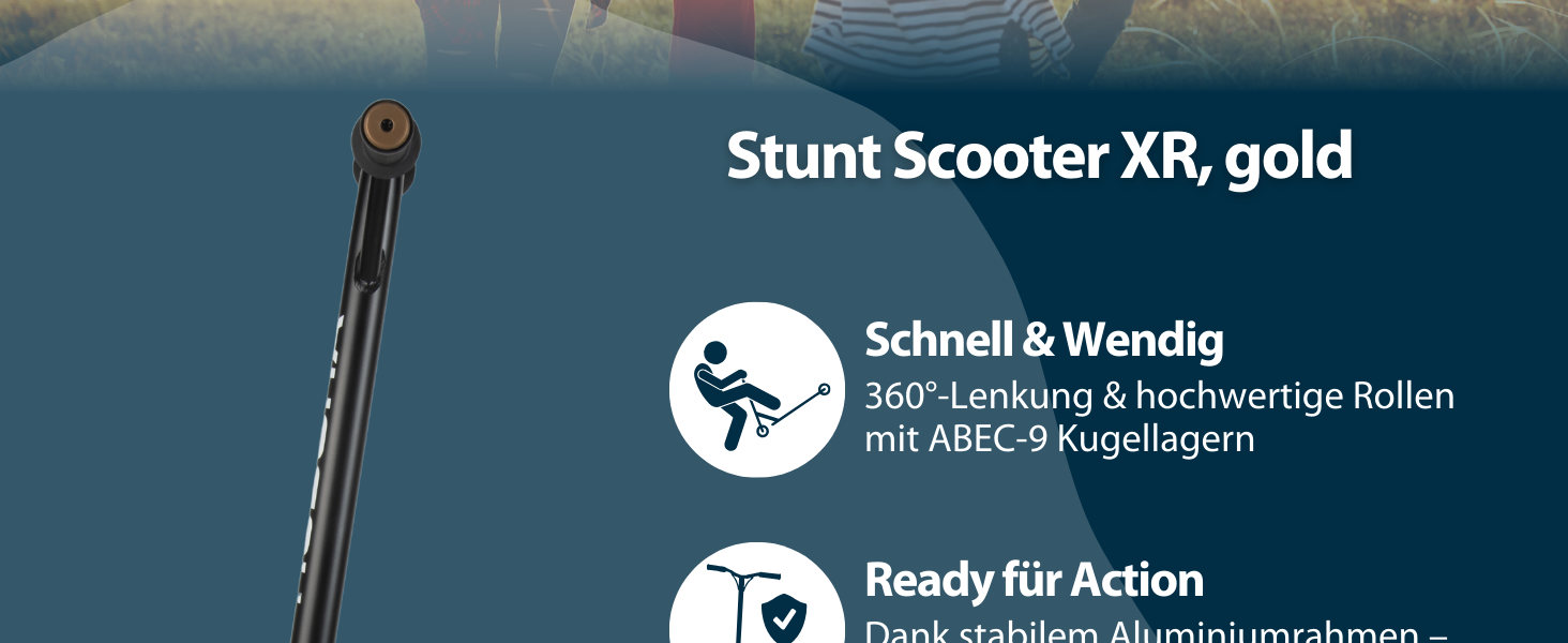 Скутер HUSORA XR-25.1 для трюків та міста: 360° кермо, ABEC 9 підшипники, золотий