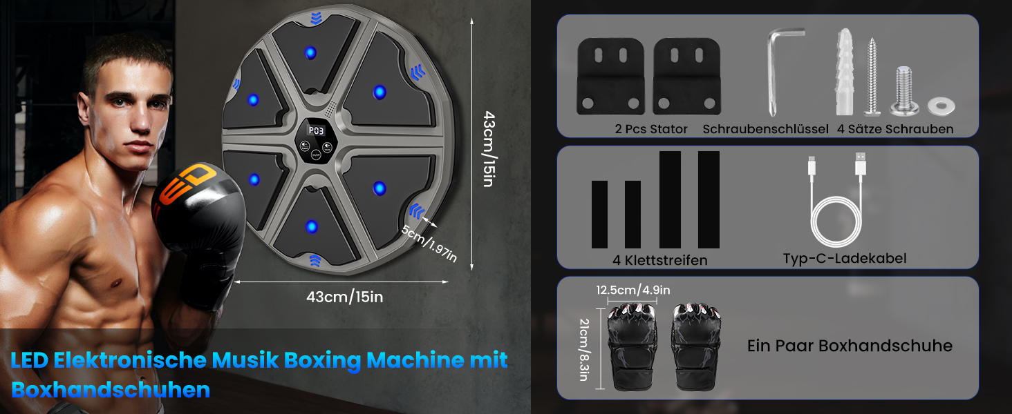 Музична боксерська машина, світлодіодна електронна музична боксерська машина з боксерськими рукавичками, 9 режимами швидкості та режимом підрахунку підтримує Bluetooth, подарунок для дорослих і дітей Фізичні вправи (сірий)