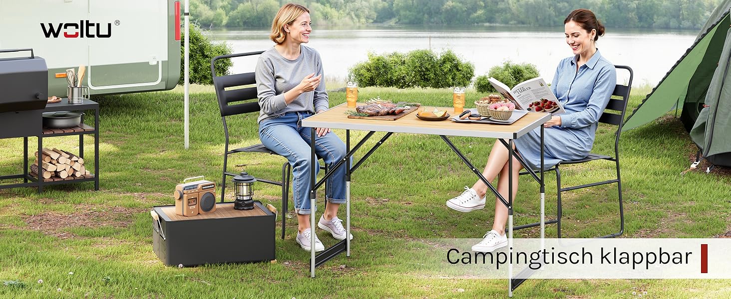 Стіл для кемпінгу, розкладний садовий, робочий, балконний від WOLTU® - регульована висота, алюміній, сталь, МДФ (світлий дуб)
