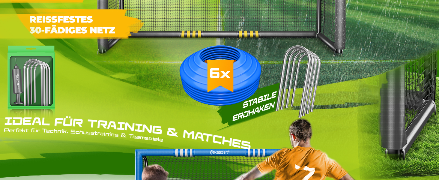 Ворота для футболу KESSER® для саду: міцні, для тренувань на вулиці, з UV-стійкою сіткою, сталевий каркас з покриттям, земляні кілки, насос, фішки, аксесуари для монтажу (240см, антрацит)