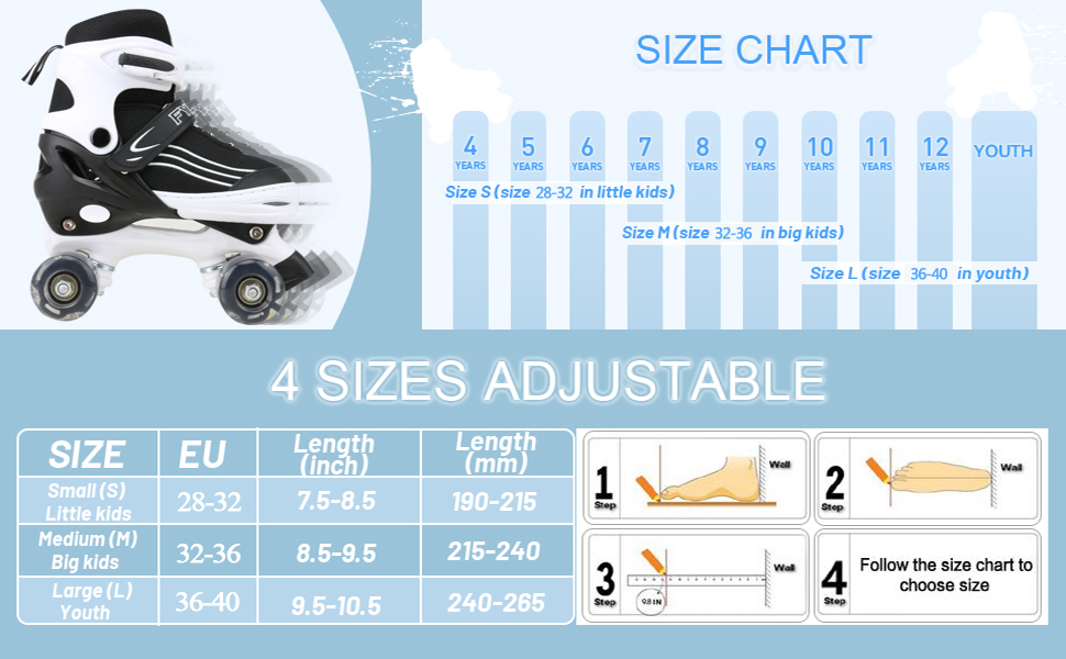 Дитячі ролики Kinder для дівчаток та хлопчиків, регульовані, з підсвічуванням, кольори: чорний та білий, розмір L (36-40 EU)