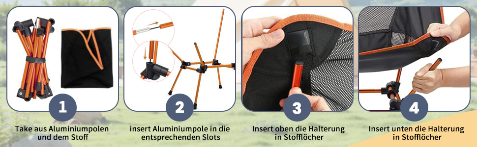 Складний туристичний стілець для кемпінгу з сіткою та кишенями, вантажопідйомність 150 кг, оранжевий