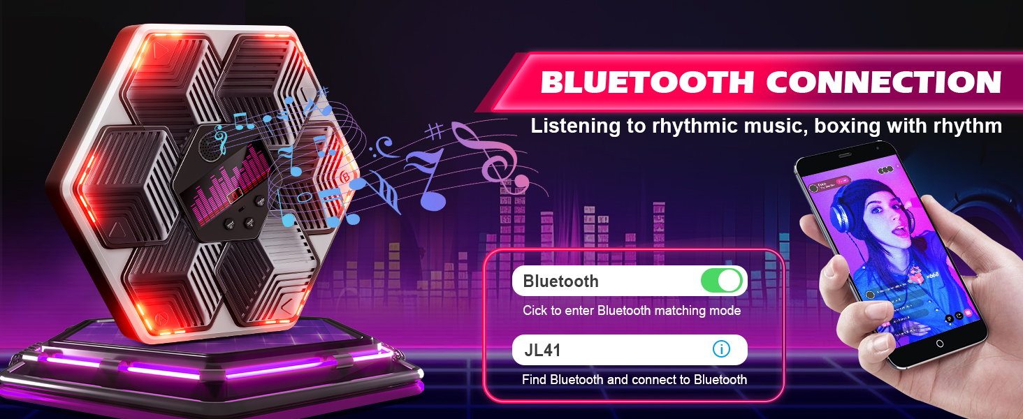 Музична боксерська машина для дорослих - 16 швидкостей, 14 режимів, Bluetooth, LED-підсвічування, з підрахунком ударів