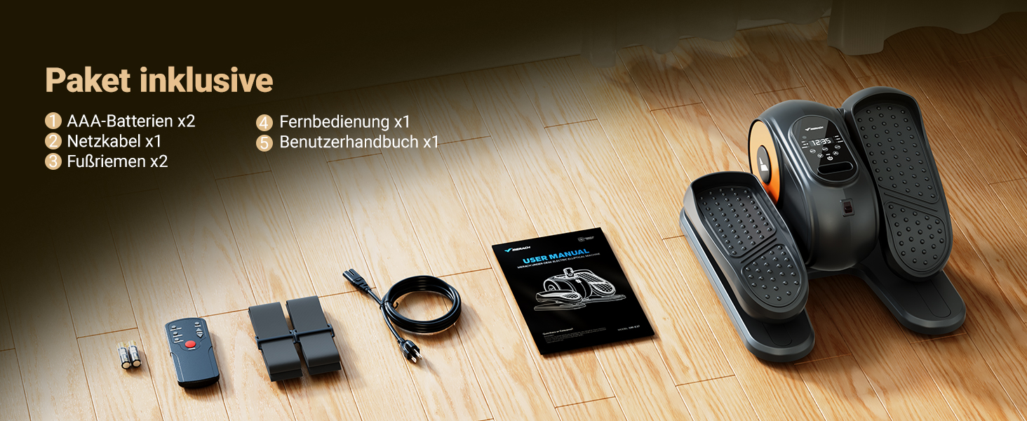 Міні еліптичний тренажер MERACH для дому, електричний крос-тренажер під стіл з пульт дистанційного керування, дисплеєм, 12 швидкостей, петлі для ніг, тихий та портативний, для людей похилого віку та дорослих (E37-Schwarz)