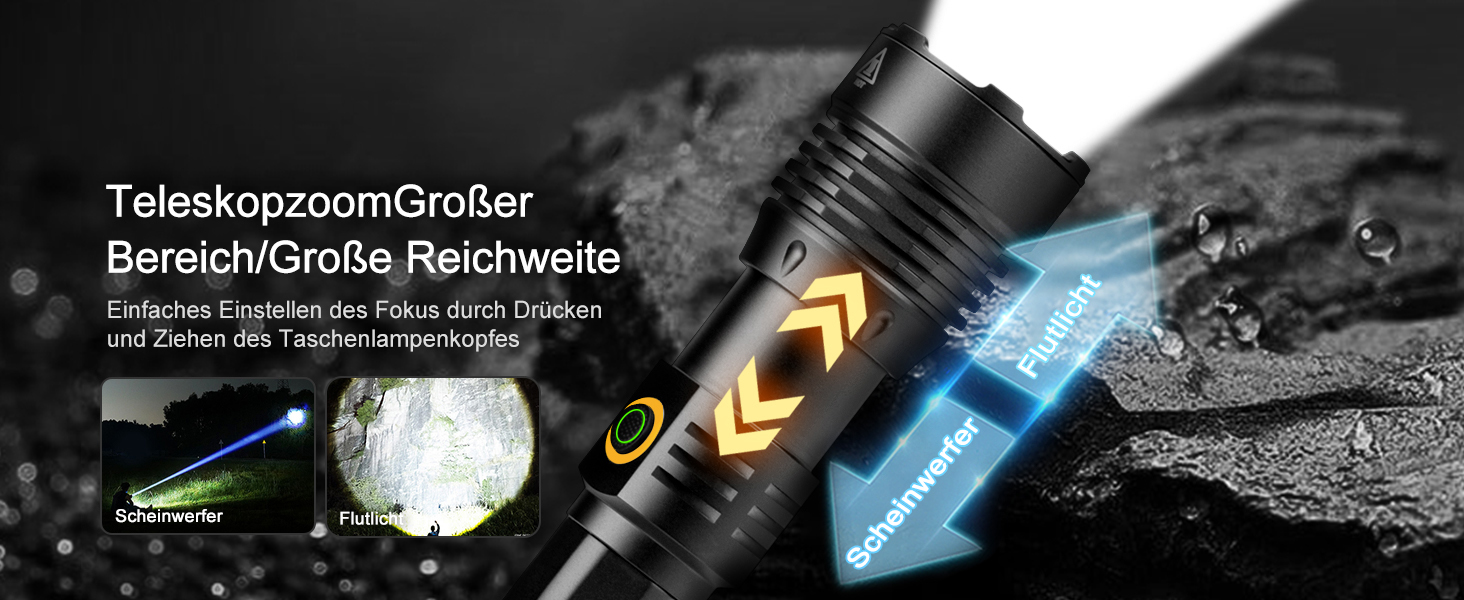 Тактичний ліхтарик ASORT 500000 люмен: USB-зарядний, Zoom, 6 режимів, водонепроникний IP67, з чохлом для кемпінгу та туризму