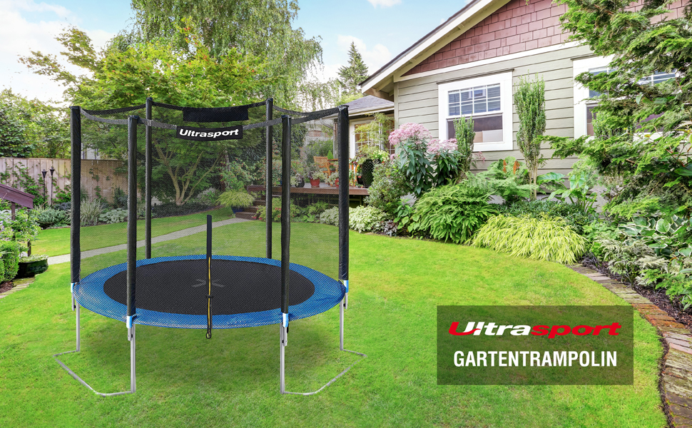 Трамплін Ultrasport SICHERSTE для дітей на відкритому повітрі Ø180/244/305/366/430 см, до 150 кг, з тихою гумовою пружиною, повний комплект з сіткою безпеки, аксесуари, садовий, безпечний (блакитний, Safe 244 см)