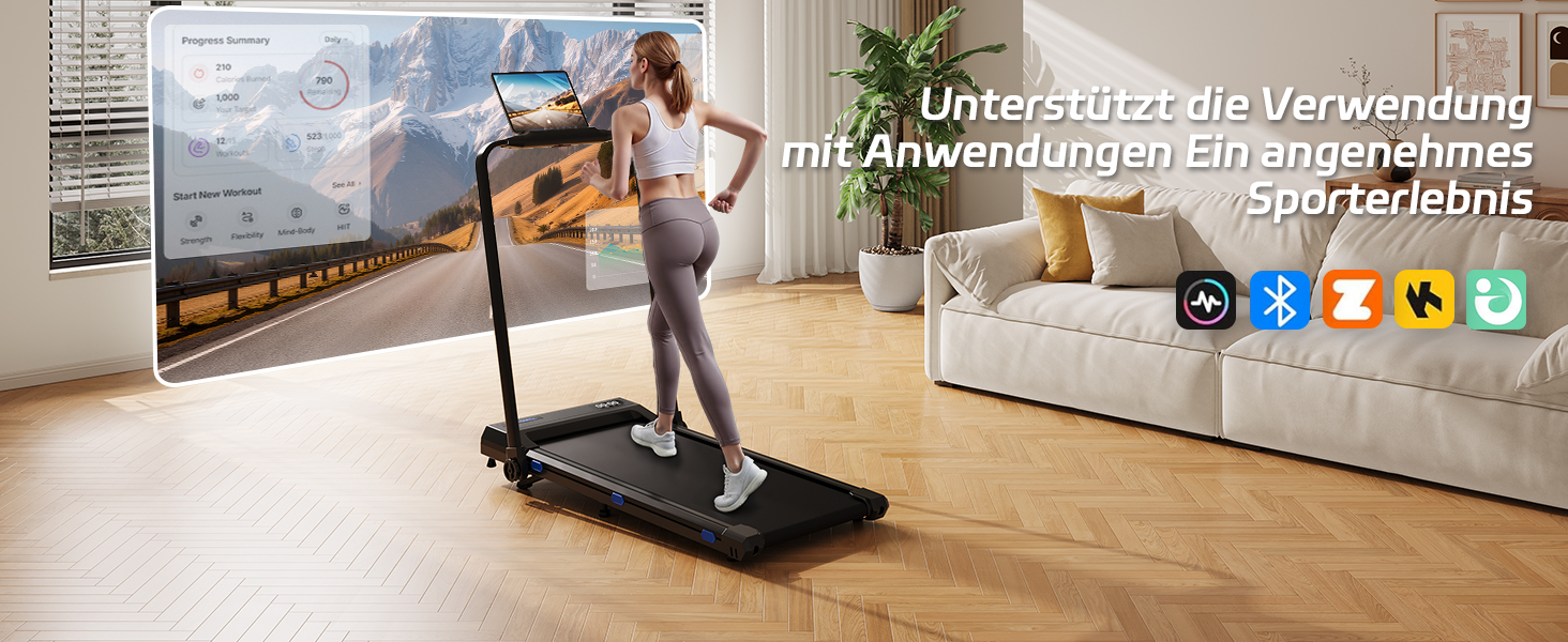 JUMMICO Ходункова доріжка для дому, складана, з робочим столом, ширина доріжки 40 см, швидкість 1-12 км/год, тримач для планшета, з додатком та магнітною пульт дистанційного керування