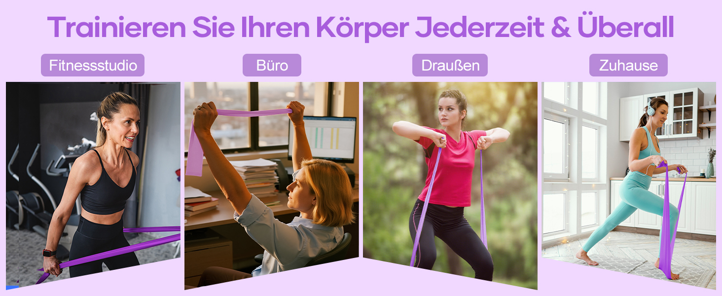 Набір фітнес-гумок Fokky Fitnessbänder 4 шт., 2 м, 4 рівні опору, для м'язів, йоги, пілатесу (жовтий, зелений, червоний, синій, фіолетовий)