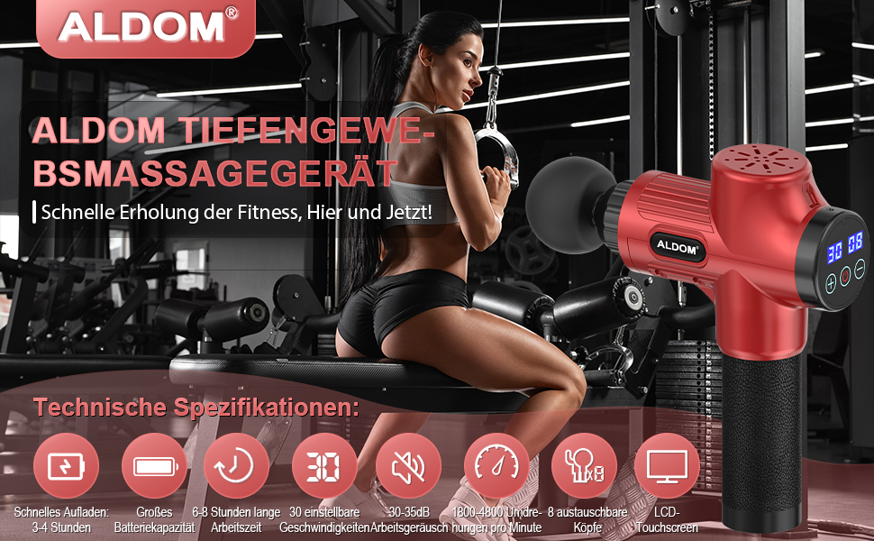 Масажер для м'язів, електричний масажний пістолет з 30 швидкостями та 8 насадками (червоний)