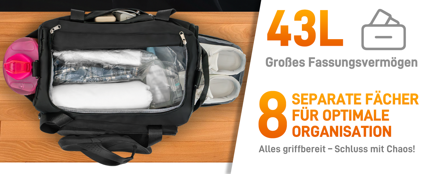 Спортивна сумка Henmi 43L з відділенням для взуття та мокрих речей, чорна. Ідеальна для подорожей, тренувань та фітнесу.